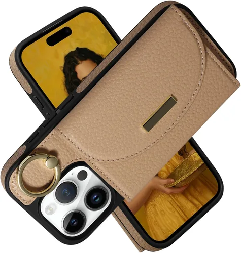 Miniatura 29 de Funda tipo cartera para iPhone 15 Pro de 6.1'', funda plegable con ranuras para tarjetas, soporte con anillo y atril, cubierta protectora tipo folio