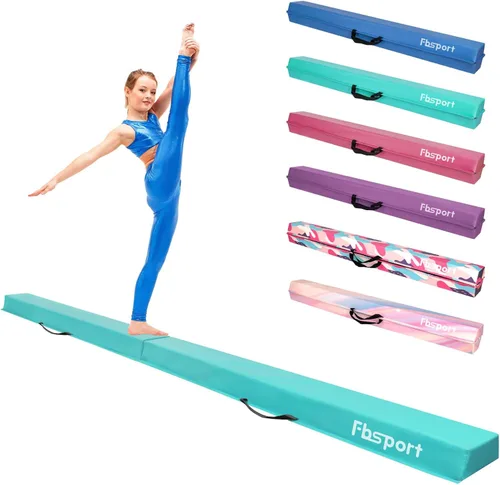 FBSPORT Viga de Equilibrio de 8/10 Pies: Equipo de Gimnasia de Piso Plegable de Cuero PU para Niños y Adultos, Base de Goma Antideslizante, Viga de