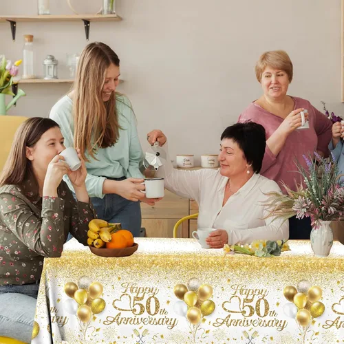 Miniatura 3 de Mantel de Feliz 50º Aniversario, Decoraciones de Aniversario de 50 Años 3 Piezas Mantel Blanco y Dorado Impermeable Rectangular Cubierta de Mesa