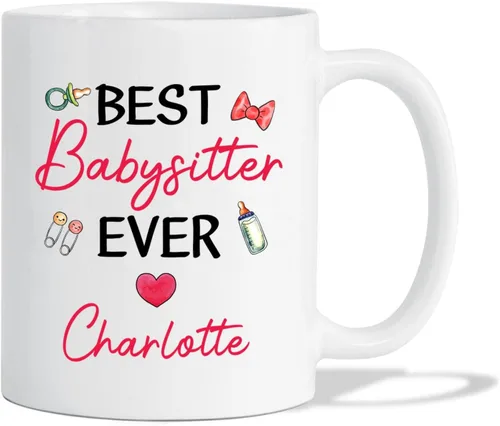 Taza de café con el nombre de la niñera con la frase "Best Babysitter Ever", taza de café personalizada con nombre de niñera, regalo de niñera para