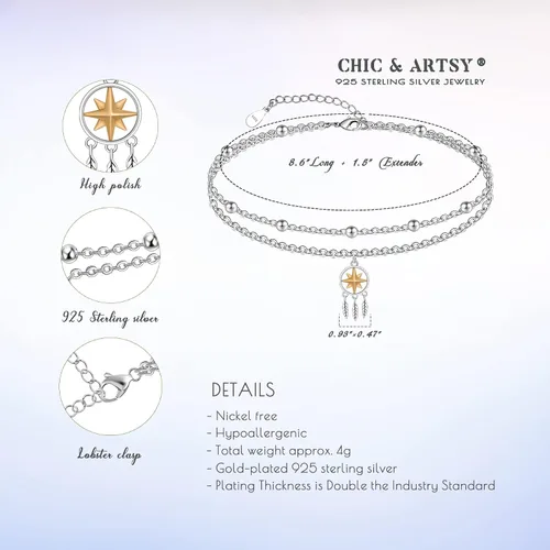 Miniatura 140 de CHIC & ARTSY Tobilleras delicadas de plata de ley S925 para verano, pulsera de tobillo ajustable multicapa para playa, joyería de pie para mujer