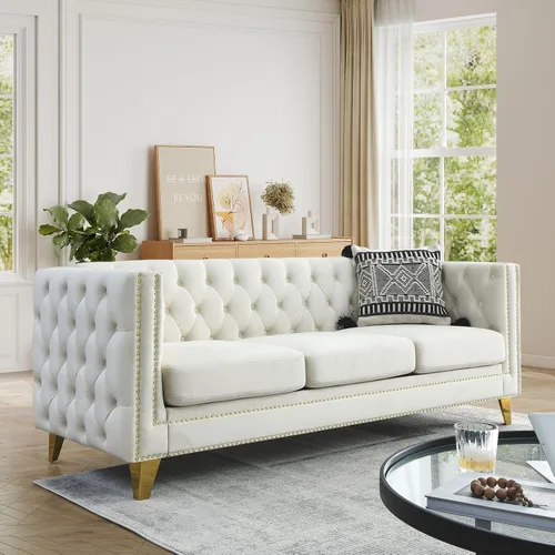 Miniatura 9 de JEEOHEY Juego de Sofás Chesterfield de 2, Sofá Moderno de Terciopelo con Capitoné y Ribete de Tachuelas, Sofá Tapizado de Asiento Profundo, Sofá