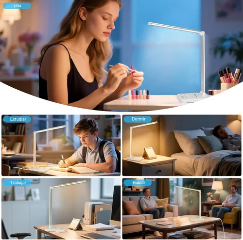 Miniatura 5 de Lámpara de escritorio LED White Crown regulable, lámpara de mesa para lectura con puerto de carga USB, 5 modos de iluminación, control sensible