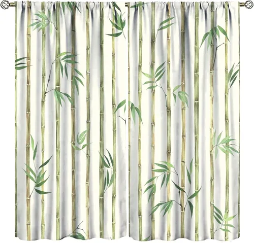 Miniatura 16 de Cortinas con estampado de bambú verde natural, plantas asiáticas, japonesas, tallos rústicos, hojas, cortina de selva con bolsillo para cortinero