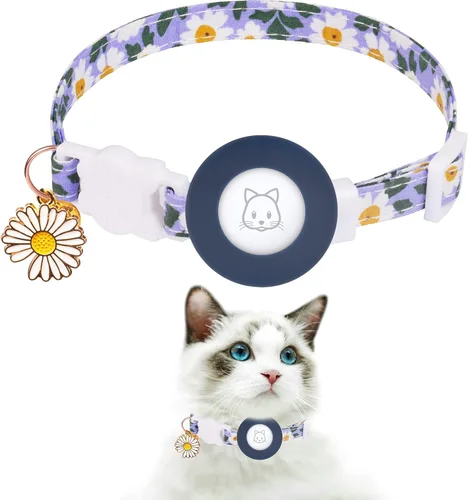 Collar de gato Airtag, Collar de gatito JXFUKAL separable con soporte de Airtag de silicona, campanas y dije de flores para gatos hembra gatos macho