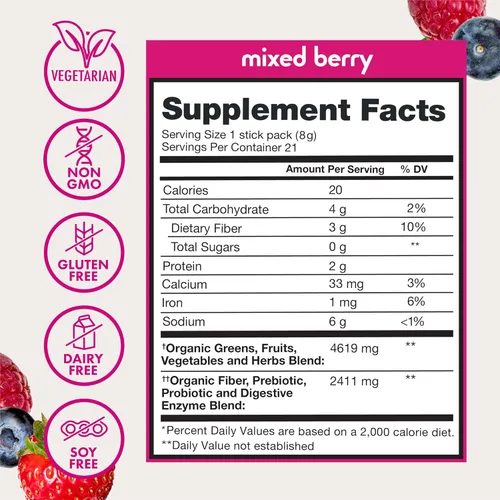 Miniatura 6 de Zena Nutrition Paquete variado de polvo orgánico Super Greens, más de 70 superalimentos, 0 azúcar, 3G de fibra, espirulina, clorella, antioxidantes
