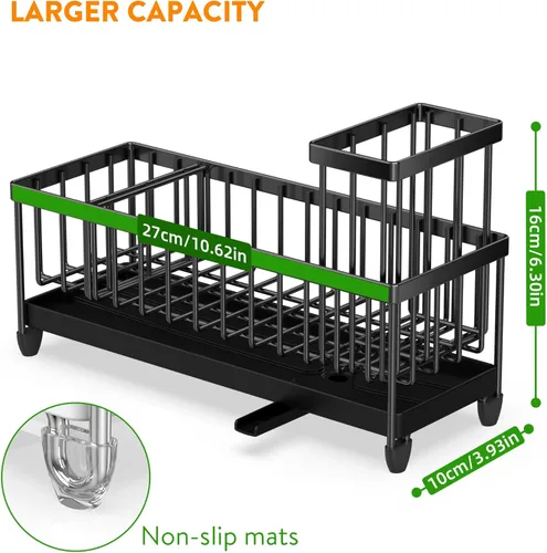 Miniatura 4 de Cisily Soporte de esponja negro extra grande para fregadero de cocina, organizador de fregadero con soporte alto para cepillos, organizadores
