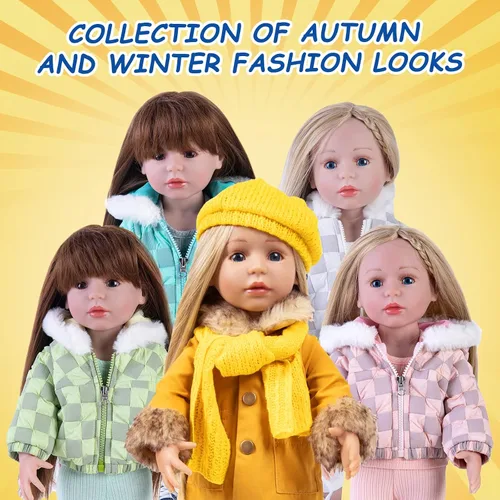 Miniatura 6 de Rakki Dolli Conjunto de Ropa para Muñeca de 18 Pulgadas de 5 Piezas, Conjunto de Abrigo de Invierno Color Mostaza de Moda, Incluye Abrigo Abrigado