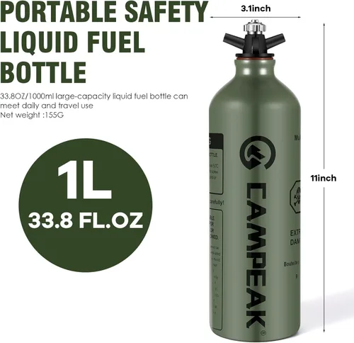 Miniatura 4 de Botella de combustible 1L para acampar al aire libre con válvula de seguridad, verde militar