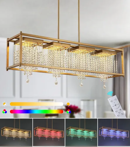 Miniatura 12 de MEIXISUE Candelabros modernos de cristal K9 RGB LED Rectango, lámparas de araña para comedor, sala de estar, cocina, isla de 33.86 pulgadas de largo