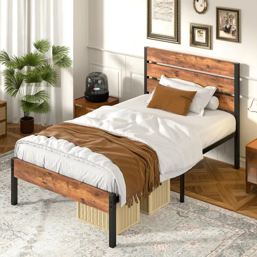 Miniatura 3 de VECELO Base de cama tamaño individual, plataforma de metal resistente con cabecera de madera, no necesita somier, color marrón antiguo
