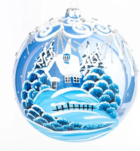 Miniatura 45 de Adorno navideño de capilla azul con soporte, bola de vidrio soplado polaco pintada a mano, bola extra grande de 8 pulgadas/200mm, adorno de fe eterna