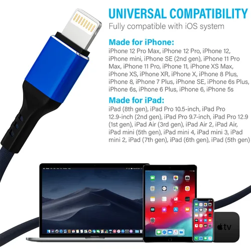 Miniatura 7 de Ironten Cable de carga para iPhone, certificado MFi de Apple, 1 paquete de 6 pies, color azul, largo, de carga rápida, sincronización de datos