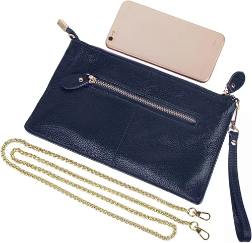 Miniatura 6 de YALUXE Clutch Wristlet - Cartera de piel auténtica con bloqueo RFID y cadena de hombro