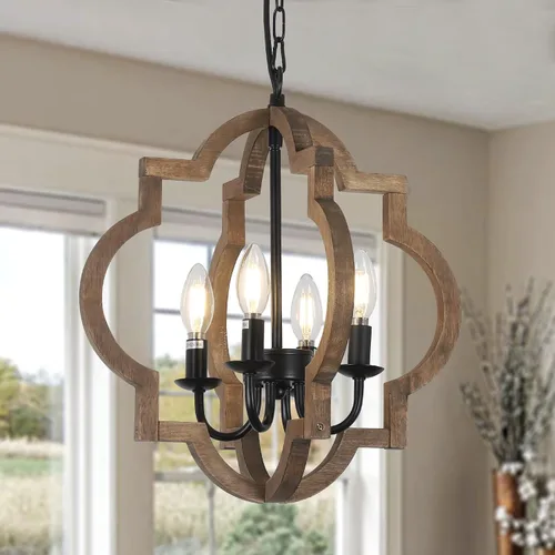 Miniatura 9 de Lámparas de araña de granja, lámparas de 4 luces para comedor sobre la mesa, lámparas de araña de madera maciza para comedor, lámparas rústicas