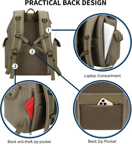 Miniatura 6 de WITZMAN Mochila de lona para hombre, mochila vintage para laptop de 15.6 pulgadas, mochila de viaje de alta capacidad casual (A8004 verde militar)