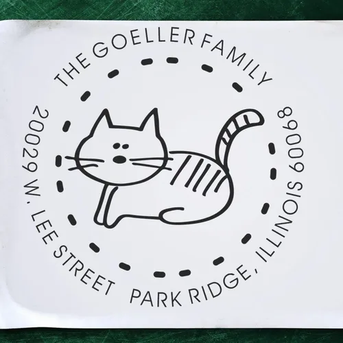 Sello delgado de dirección de gato de dibujos animados, sello preentintado, sello de gato, diseño redondo, sello de dibujos animados, sello de
