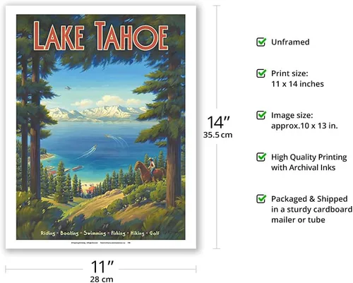 Miniatura 2 de Kerne Erickson - Póster de viaje vintage de Kerne Erickson Lake Tahoe California, equitación, barco, natación, pesca, senderismo, golf, impresión