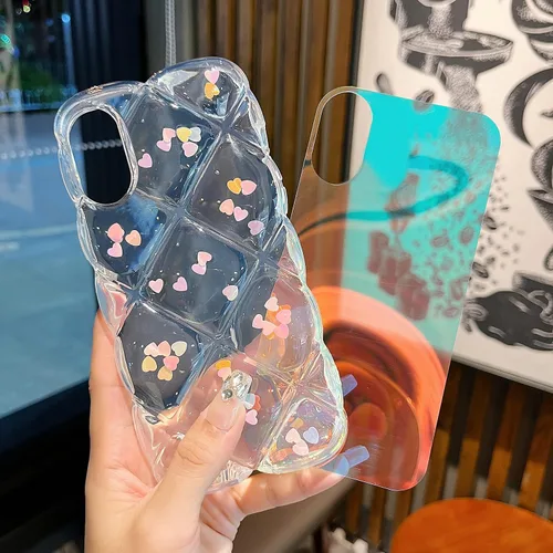 Miniatura 6 de Qokey Funda para iPhone XR de 6.1 pulgadas, lindo láser gradual Bling Love Heart Glitter Clear+Translucent Card Soft Wave Frame Anticaída 3D gruesa