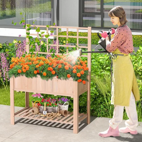 Miniatura 2 de S AFSTAR Cama de jardín elevada con enrejado, maceta elevada de 42 x 21 x 58 pulgadas con patas, estante de almacenamiento inferior, forro