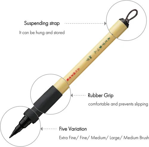 Miniatura 3 de Kuretake Bimoji - Juego de 5 rotuladores de pincel (extra fino, fino, mediano, grande, cepillo mediano), excelente para caligrafía, letras a mano e