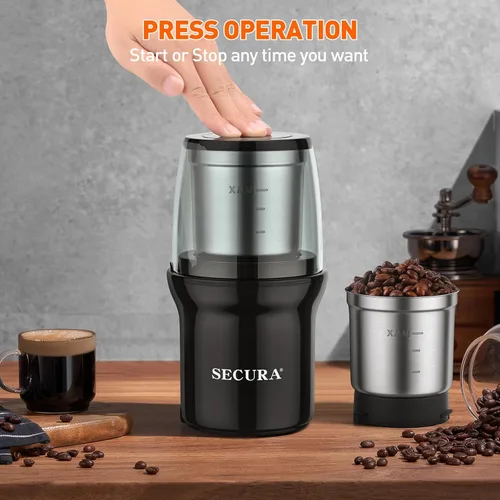 Miniatura 4 de Secura - Molinillo eléctrico para especias, cuencos duales de acero inoxidable para molienda húmeda y seca, uso múltiple para especias y café