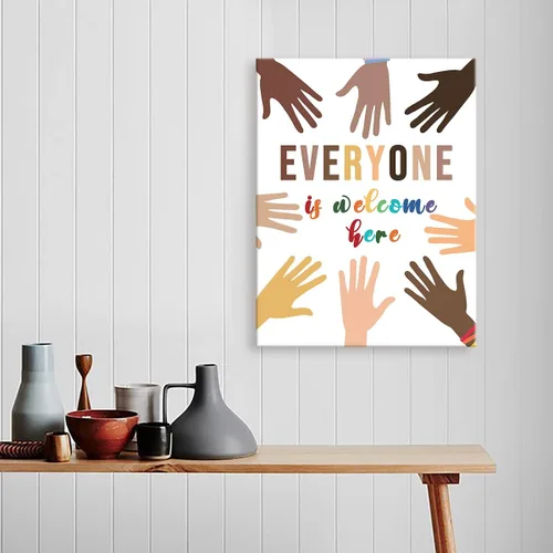 Miniatura 6 de Lienzo enmarcado con texto en inglés "Everyone Is Welcome Here", decoración de pared de diversidad multicultural para la escuela, aula, guardería