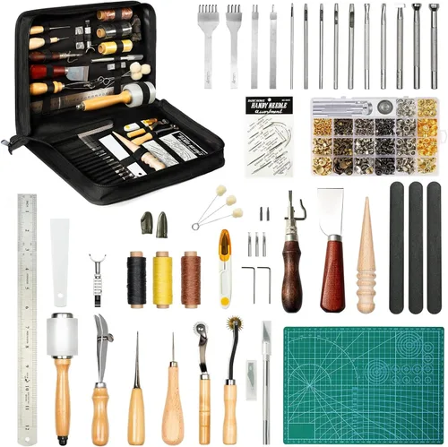 FifthQuarter Kit de herramientas de cuero: 458 piezas de herramientas de trabajo de cuero esenciales y suministros para principiantes con guía Kits