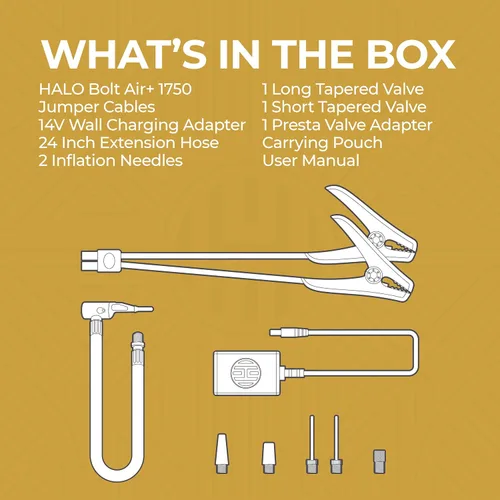 Miniatura 8 de HALO Bolt Air+ 1750 - Arrancador de batería portátil para automóvil Compresor de aire de 130 PSI, banco de energía USB de 59.9 Wh, pantalla Azul