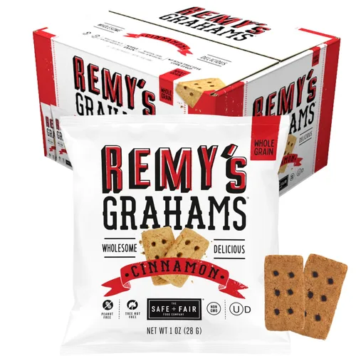 Safe + Fair Remy's Cinnamon Grahams 24 unidades – Snacks saludables integrales – Golosinas integrales de tamaño bocado – Bolsas de una sola porción