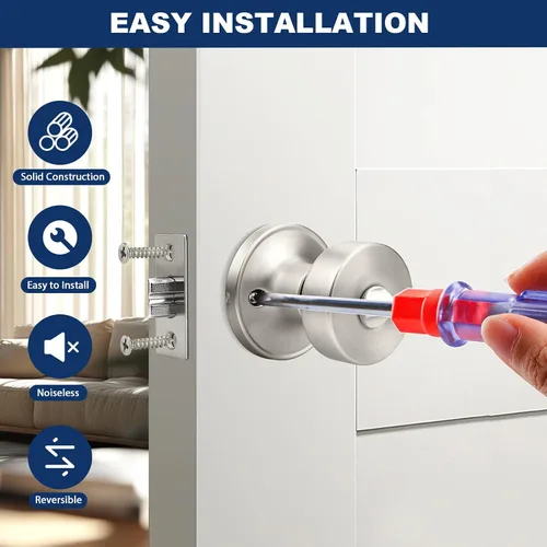 Miniatura 5 de Orger 1 paquete de pomos interiores de níquel satinado, perilla reversible de privacidad con cerradura, pomo redondo sin llave para baño y dormitorio