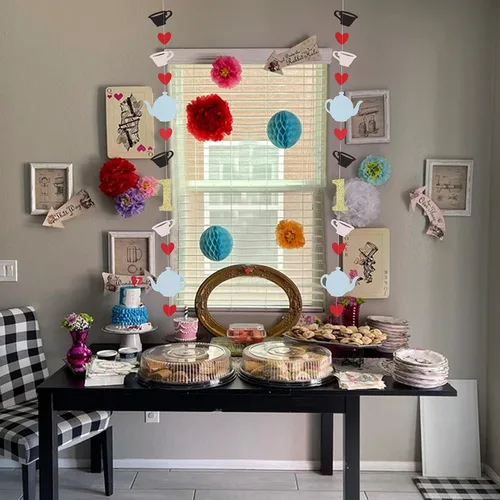 Miniatura 4 de Decoración de pared de Alicia en Onederland, guirnalda de té para dos, telón de fondo de fotos de primer cumpleaños, pancarta azul para silla