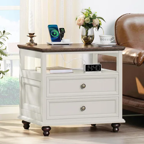Miniatura 26 de Joaxswe Mesita de noche estilo granja con estación de carga, mesa auxiliar de 61 cm de ancho con 2 cajones, cómoda natural para dormitorio, cómoda