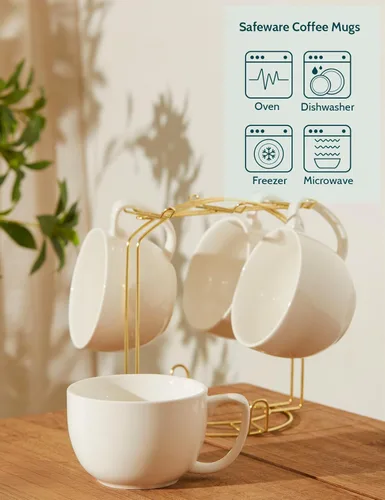 Miniatura 7 de Teocera Juego de 4 tazas de café grandes de 16 onzas, tazas de porcelana blanca gruesa para capuchino, café con leche, té y chocolate caliente
