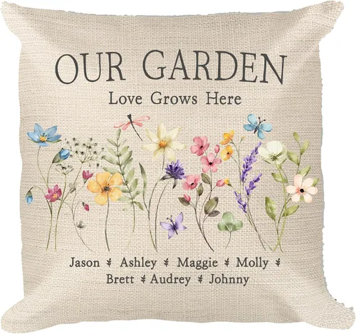 Miniatura 7 de Almohada personalizada con diseño de flores silvestres del jardín de la abuela con nombres de nietos, regalo de apellido familiar, perfecta