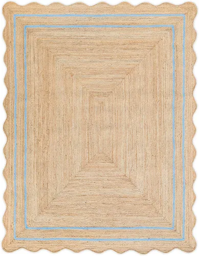 Miniatura 5 de Alfombra de Yute Natural Ondulada Festoneada - Corredor de Entrada Boho, Festón de Granja, Azul Cielo (2'x3')