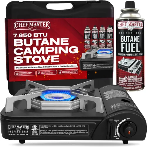 Chef Master Estufa portátil de butano para campamento, encendido piezoeléctrico de 7,650 BTU, quemador de estufa portátil con funda de transporte