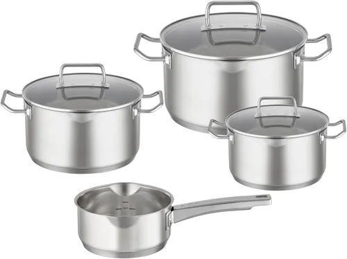 RÖSLE EXPERTISO - Juego de 4 ollas universales con 3 ollas y 1 cacerola, acero inoxidable 18/10, tapas de vidrio, escala en el interior, apto para