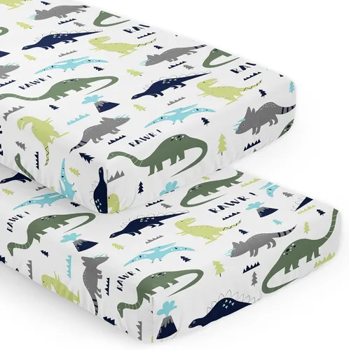 Sweet Jojo Designs Juego de sábanas para cuna de bebé de dinosaurio moderno azul y verde, suave, para recién nacido, se adapta a colchón estándar
