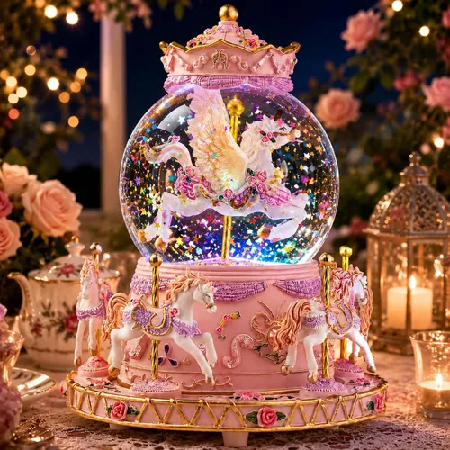 Miniatura 2 de Globo mágico de nieve de unicornio con música "Somewhere Over the Rainbow", caja de música de carrusel giratorio, luces LED y nieve con purpurina