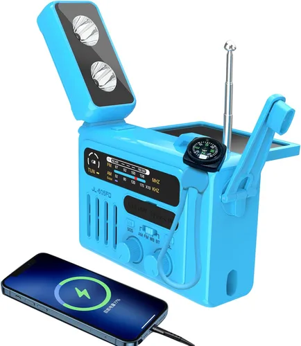 Radio solar de emergencia con manivela, NOAA/AM/FM con linterna LED y lámpara de lectura, USB tipo C/carga solar/manivela, altavoz Bluetooth, alarma