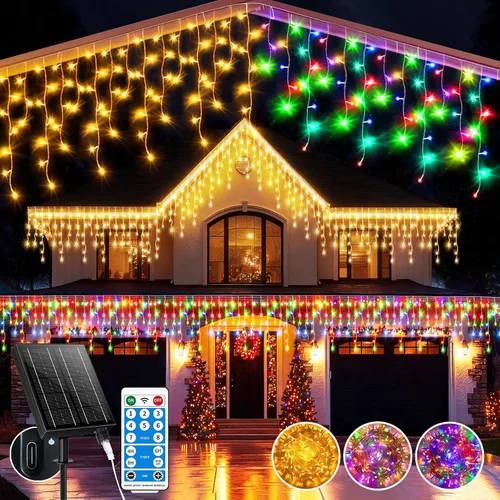 Miniatura 8 de Luces de carámbano solares para exteriores, 25+5M 800 luces de carámbano de Navidad, 8 modos, luces de cadena decorativas impermeables