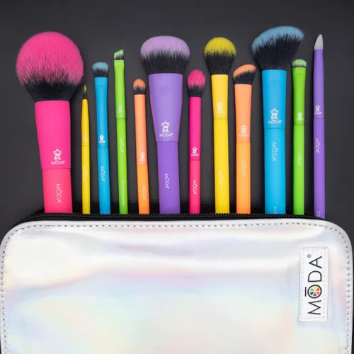 Miniatura 3 de MODA Juego de 13 brochas de maquillaje totalmente eléctricas, pinceles de neón coloridos con estuche de viaje holográfico, kit vegano de cara