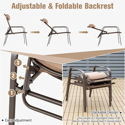Miniatura 4 de Tangkula Juego de bistró para exteriores, 3 sillas reclinables apilables para patio con respaldo ajustable y plegable, reposacabezas extraíbles