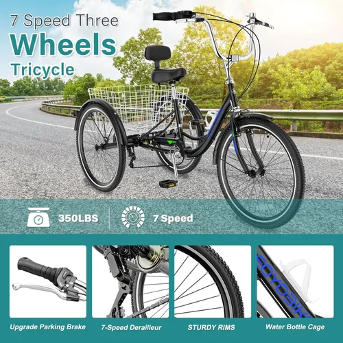 Miniatura 2 de MOPHOTO Triciclo para adultos de 7 velocidades, 20/24/26 pulgadas, triciclo para adultos con canasta trasera grande, 350 libras de capacidad
