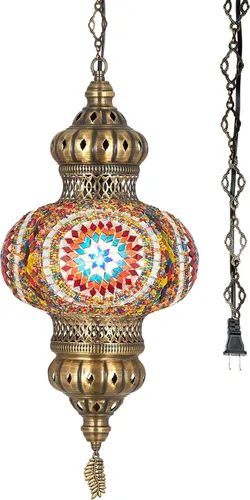 Miniatura 7 de DEMMEX Lámpara colgante de techo con globo de mosaico turco marroquí de 10 pulgadas XL, luz de techo enchufable con cadena y cable de 15 pies