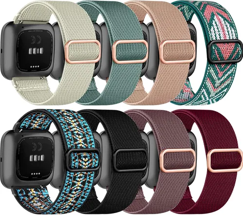Paquete de 8 bandas elásticas compatibles con Fitbit Versa 2/Versa para mujeres y hombres, correa trenzada de nailon ajustable Solo Loop Sport de