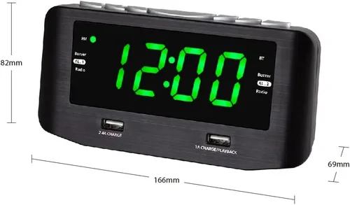 Miniatura 4 de HANNLOMAX HX-146CR Radio despertador, radio FM PLL, alarma dual, pantalla LED verde de 1.2 pulgadas, Bluetooth, 1 puerto USB para carga de 2.4 A y 1