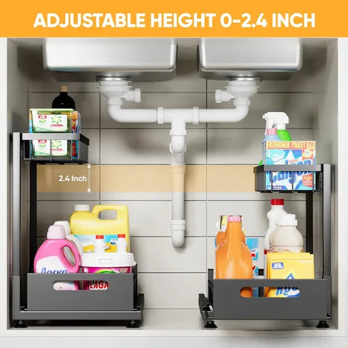 Miniatura 2 de Saydear Organizador de almacenamiento para debajo del fregadero, organizador de armario de cocina extraíble de 2 niveles con cajón deslizante, Negro