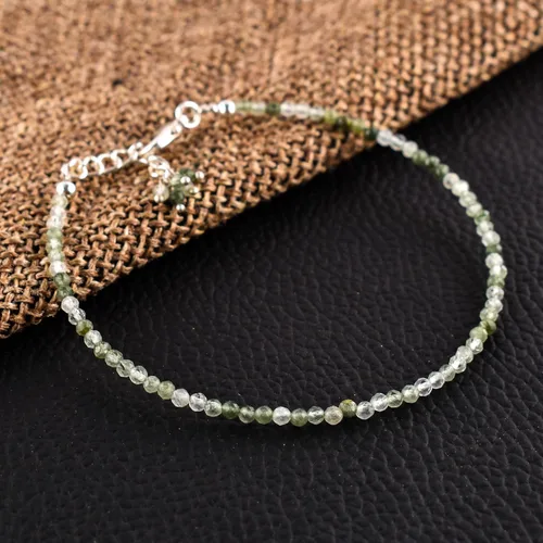 Miniatura 32 de Natural Gemstone Micro Round Beads Dainty Choker Bangle Bracelet, Handmade Jewelry for Women, Healing Chakra Crystals Silver Plated Chain 8 inch